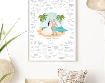 Custom Wedding Guest Book - Beach Scene Cartoon Portrait