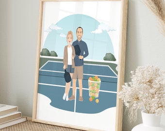 Pickleball Couple Cartoon Drawing, Personalized Portrait from Photo, Unique Fathers Day Gift for Pickleball Dad, Gift for Pickleball Husband