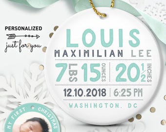 Baby First Christmas Ornament, Mint Green (Personalized Birth Stats)