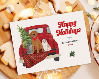 Custom Pet Christmas Cards, Christmas Red Truck, Custom Portrait Gift for Pet Owner, Dogs in Cargo Bed, Personalized Pet Cartoon Card, Hitch