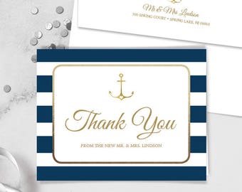 Nautical Thank You Card / Nautical Stripes / Navy Stripes, Gold Anchor / Navy and Gold ▷ Printed Heavy Paper {or} Printable