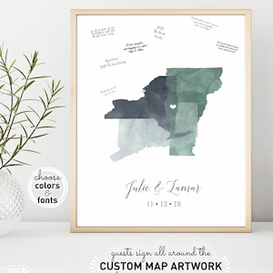 Modern Guest Book Alternative Canvas, Personalized Map Guest Book for Minimalist Wedding, Gray and Green Watercolor Wedding Sign {moa}