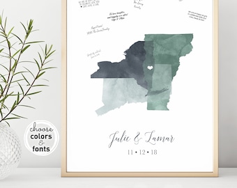 Modern Guest Book Alternative Canvas, Personalized Map Guest Book for Minimalist Wedding, Gray and Green Watercolor Wedding Sign {moa}