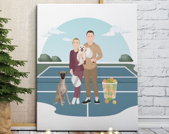 Couple Cartoon Drawing with Dogs, Personalized Portrait from Photo, Unique Pickleball Christmas Gift for Couple or Doubles Partner