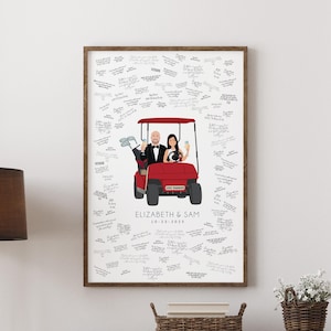 Golf Wedding Guest Book Alternative, Cartoon Couple in Red Cart, Bride Groom Keepsake Sign