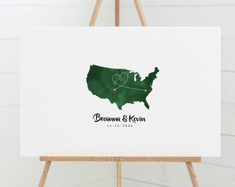 Wedding GUEST BOOK alternative, Map of United States with Heart Arrow connecting hometown cities or states, forest green watercolor {mfo}