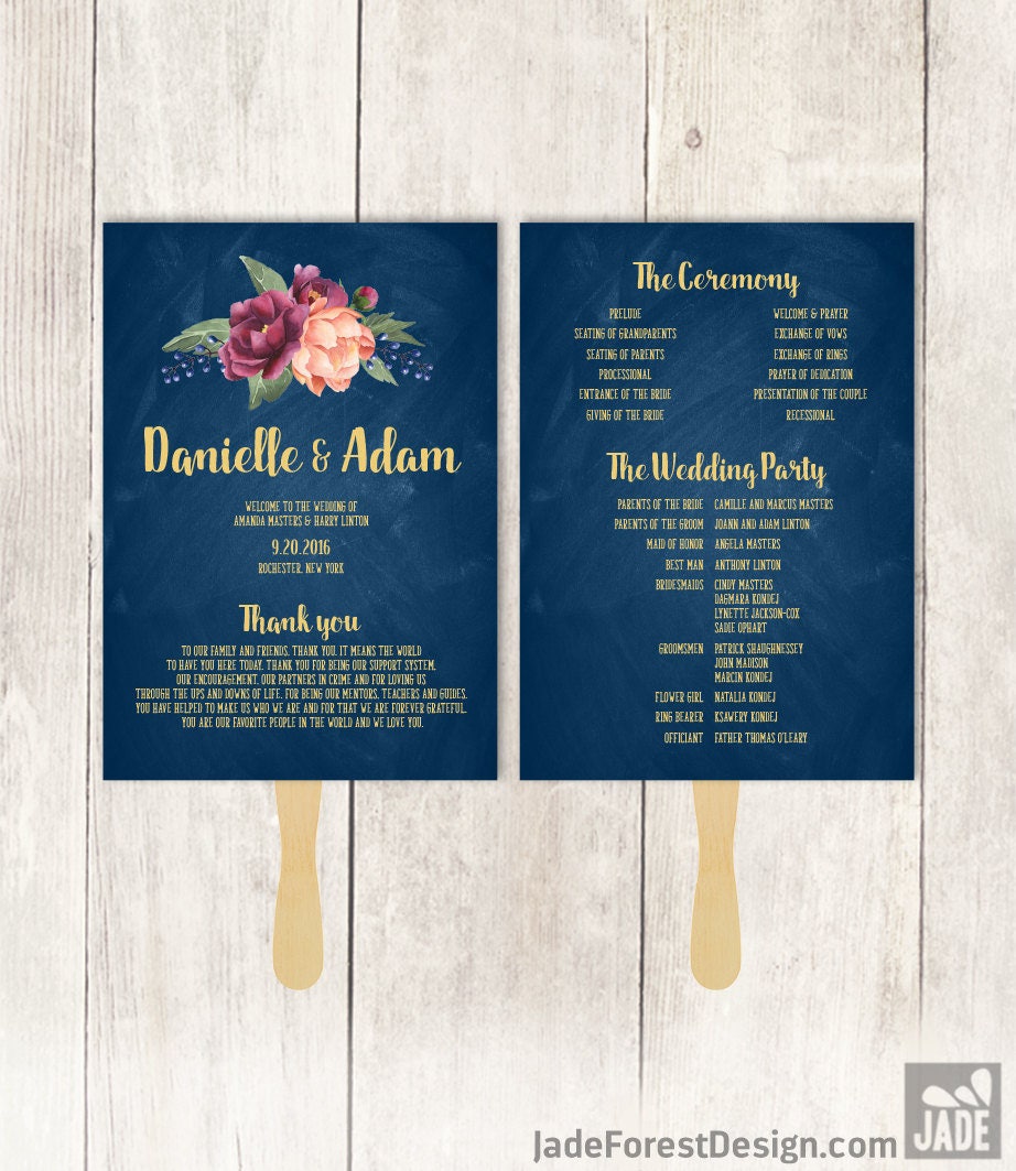 Marsala Wedding Program Fan Diy Peonies Berries Navy