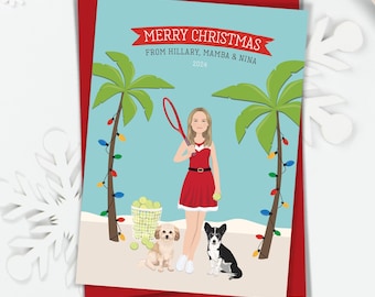 Holiday card set, Funny Christmas Card, Custom Portrait, Tropical Christmas Cards, Personalized Tennis Gift Idea, Single Girl Holiday Design