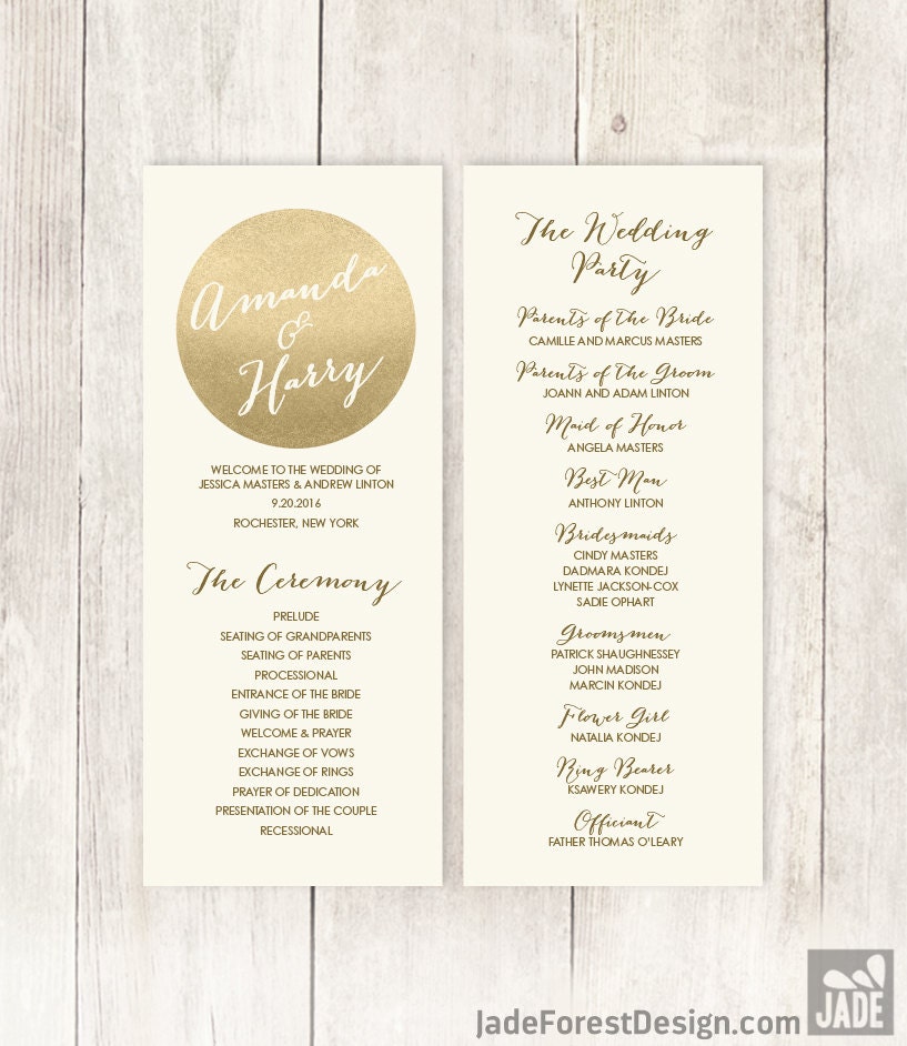 Gold Wedding Program Gold Sparkle Metallic Gold And Cream