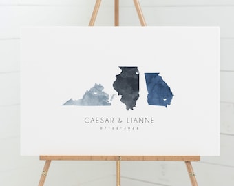 Wedding Guestbook Alternative > map guest book canvas with 3 states, blue gray watercolor state map (Virginia, Illinois, Georgia) {mfm}