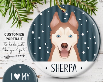 Husky Ornament, Pet Christmas Ornament, Custom Dog Illustration, Personalized Gift for Dog Lover, Red Husky, Siberian Husky Gift