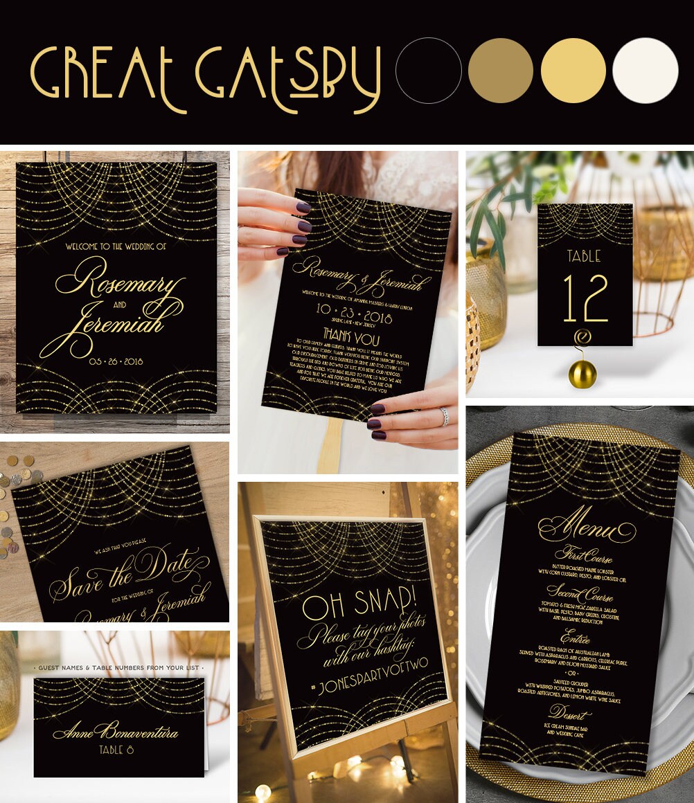 Great Gatsby Wedding Program Fan Bokeh Gold Fairy Lights