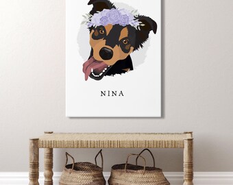 Cartoon Dog Portrait Flower Crown, Custom Pet Canvas, Hand Drawn Art, Personalized Gift, Large Framed Memorial, Clay Coated Print
