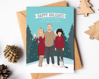 Custom Family Portrait Holiday Cards 2024, Happy Holidays Card Idea, Snowy Winter Tree Background, Cartoon Drawn from Photo, Family and Pets