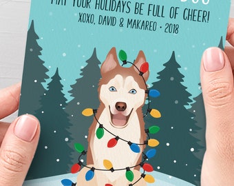 Copper Husky Christmas Card, Unique Holiday Cards with Custom Pet Portrait, Funny Dog Holiday Card, Husky Xmas Card