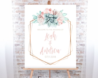 Succulent Wedding Welcome Sign / Blush Flower Succulent Bouquet Faux Metallic Copper Watercolor Cactus ▷Printed Paper, Canvas {or} Printable