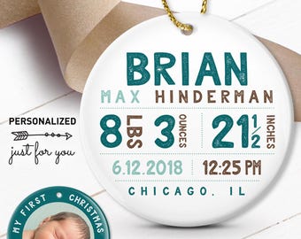 Christmas Baby Ornament: Teal and Brown - Custom Birth Details