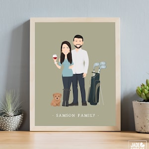 May include: A framed illustration featuring a couple, a small dog, and golf clubs. The woman holds a wine glass, and the man stands next to a golf bag. The words "SAMSON FAMILY" are at the bottom. The artwork is in a wooden frame.