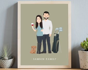 Personalized portrait sign > Unique gift with neutral olive green background, Framed canvas couple portrait with hobbies, Golf art and wine