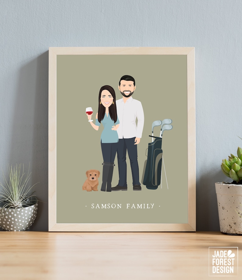 May include: A framed illustration featuring a couple, a small dog, and golf clubs. The woman holds a wine glass, and the man stands next to a golf bag. The words "SAMSON FAMILY" are at the bottom. The artwork is in a wooden frame.