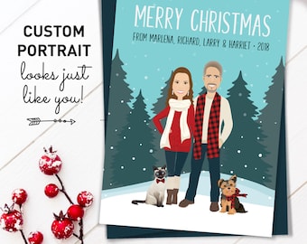 Couple Portrait Christmas Cards, Personalized Holiday Cards with Cat Portrait, Custom Family Portrait Printed Holiday Card 5x7