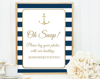 Nautical Wedding Hashtag Sign / Instagram Sign / Nautical Stripes / Navy Stripes, Gold Anchor ▷ Printable File {or} Printed & Shipped