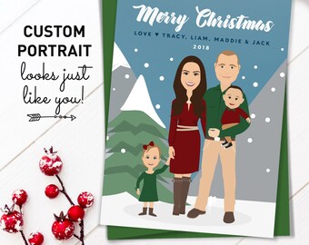 Custom Family Portrait Christmas Card, Custom Portrait Cartoon Illustration, Personalized Holiday Cards, 5x7 Printed Cards