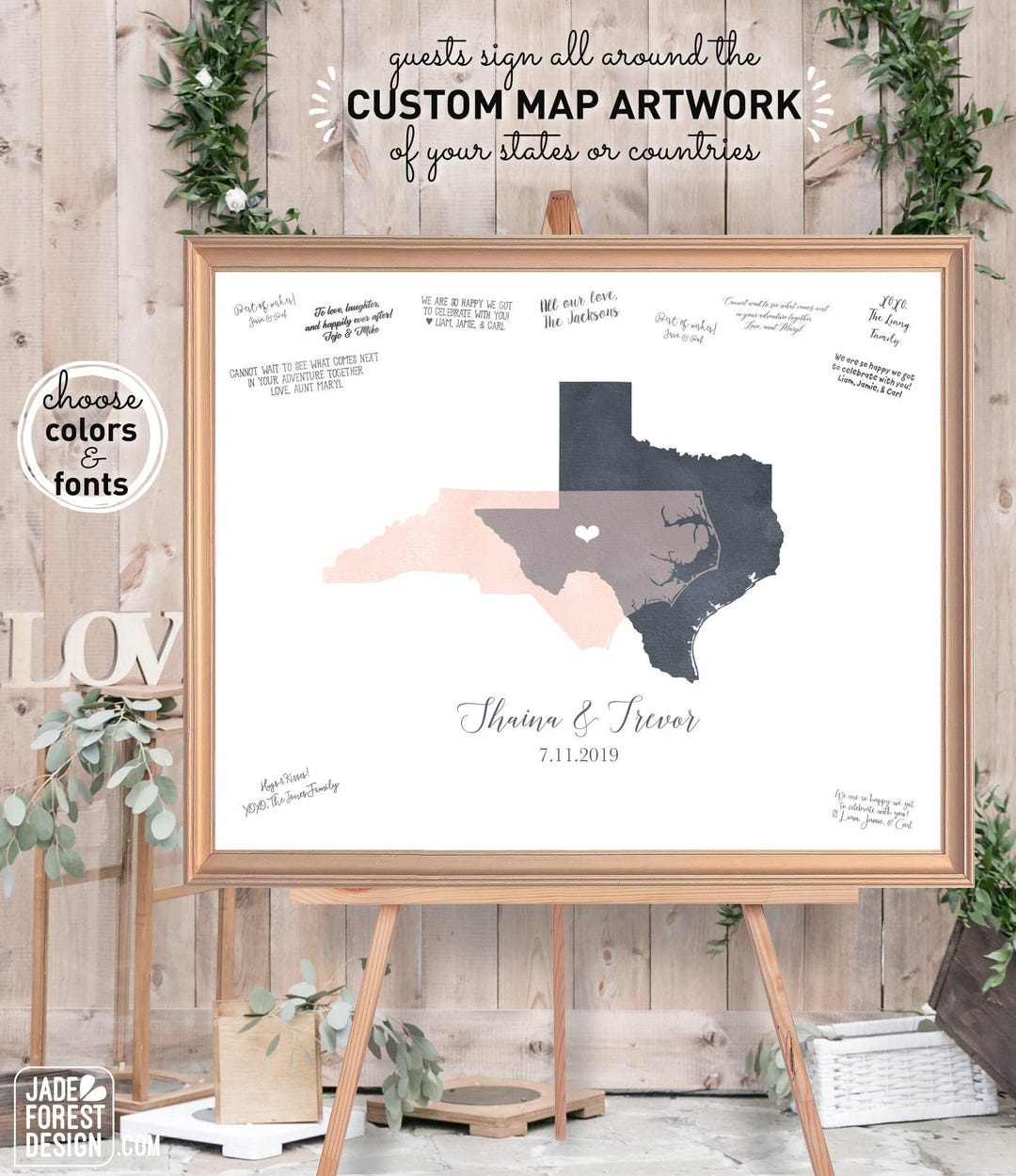 Watercolor States Map Guestbook - Blush and Gray With Heart Markers - Etsy