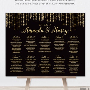 Wedding Seating Chart Sign / Great Gatsby Inspired Bokeh String Light / Black and Gold Calligraphy Printable File or Printed & Shipped image 1