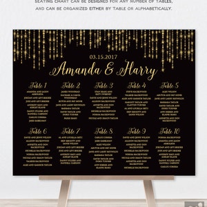 May include: A black seating chart with gold lettering and a gold glitter background. The chart is titled "Amanda & Harry" and lists the names of guests assigned to each table. The date "03.15.2017" is printed at the top of the chart.