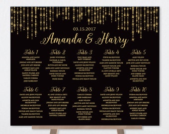 Wedding Seating Chart Sign / Great Gatsby Inspired Bokeh String Light / Black and Gold Calligraphy ▷ Printable File {or} Printed & Shipped