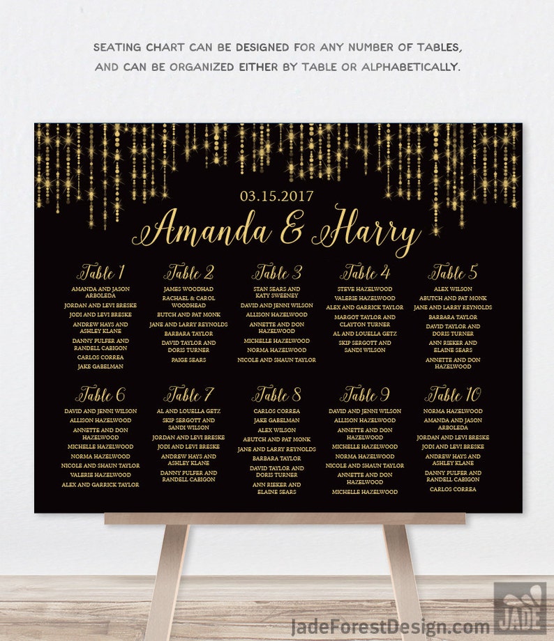 Wedding Seating Chart Sign / Great Gatsby Inspired Bokeh String Light / Black and Gold Calligraphy Printable File or Printed & Shipped image 1