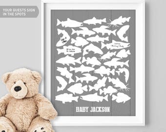 Fishing Guest Book Alternative / Freshwater Fish / Trout Salmon Pike Bass Carp / Fishing Poster / Gray Nursery ▷Canvas, Paper {or} Printable