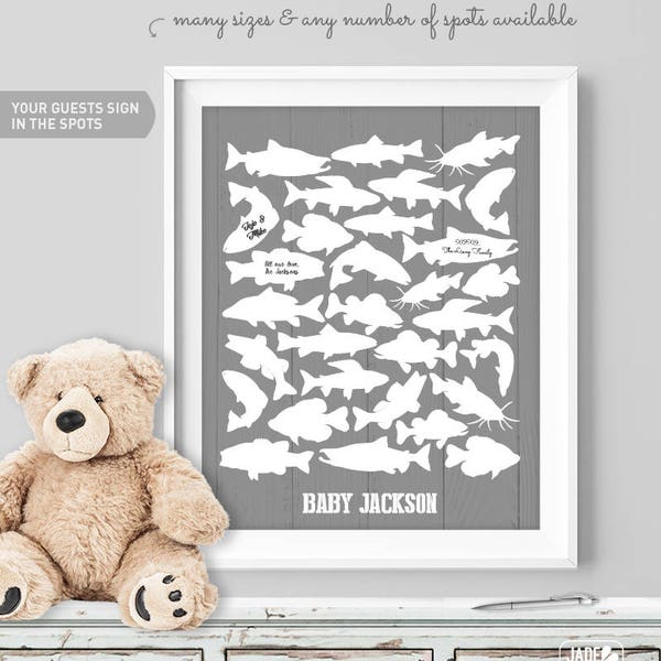 Fishing Guest Book Alternative / Freshwater Fish / Trout Salmon Pike Bass Carp / Fishing Poster / Gray Nursery ▷Canvas, Paper {or} Printable