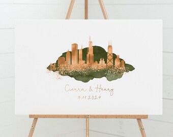 Custom City Skyline Wedding Guest Book: Chicago, Faux Copper