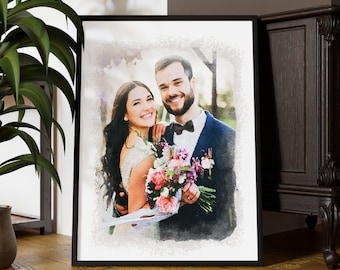 Framed Watercolor Portrait from Photo, Gift for Newlyweds, 1st Anniversary Gift Ideas, Custom Faux Watercolor Digital Portrait {wcg}