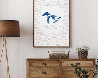 Wedding Guest Book: Custom Great Lakes Map - Deep Blue Watercolor