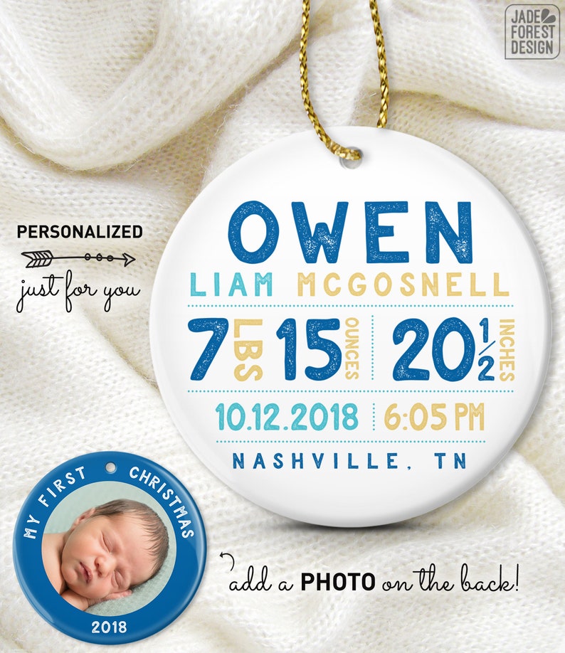 Personalized Baby Ornament, Baby First Christmas Photo Ornament, Baby Boy Birth Stats, Personalized Gift for New Parents image 10