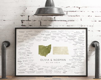 Alternative Wedding Guest Book State Map, Can be Customized, Medina Ohio, Fargo North Dakota, Olive and Champagne Watercolor Guestbook {mfm}