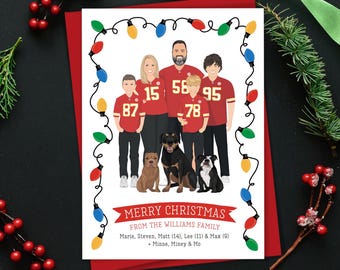 Custom Christmas Card with Family Wearing Jerseys, Favorite Sports Team Colors, Family in Jerseys with Dogs, Colorful Christmas Light Border