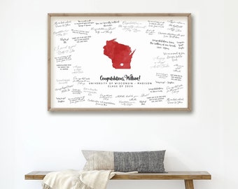 GRADUATION SIGNATURE SIGN, Map Guest Book Alternative, Custom School and State, University of Wisconsin Class of 2024, Red Watercolor {mfo}