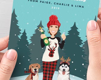 Custom Christmas Portrait Card - Family and Pets on Recycled Paper