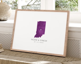 Wedding GUEST BOOK alternative, Indiana state map guest book for Indianapolis wedding, wedding guestbook sign, plum watercolor art {mfo}