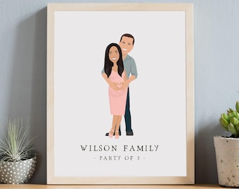 Custom Pregnancy Portrait - Heart on Belly, Family of Three Art