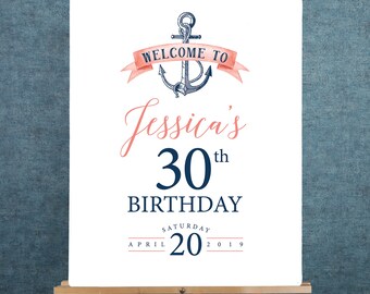 Nautical Birthday Party Welcome Sign, Coral Navy Blue Thirtieth Birthday Canvas Print > PRINTED Sign for Birthday {or} Printable Sign
