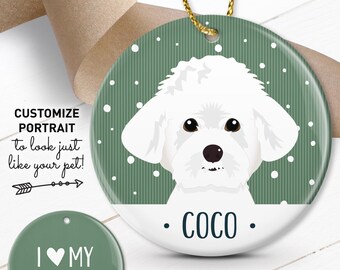 Maltese Ornament, Custom Pet Christmas Ornament, Personalized Pet Portrait Illustration, Unique Gift for Pet Lover, Maltese Gift