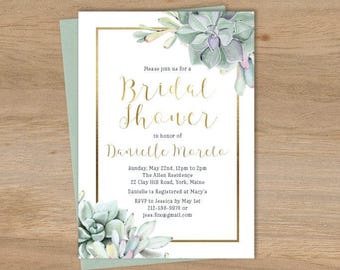 Succulent Bridal Shower Invitation / Greenery and Gold Geometric / Green Cactus and Gold Calligraphy  ▷ Printed Heavy Paper {or} Printable