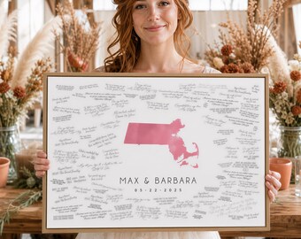 Massachusetts Map Art Guest Book, Pink Rose Watercolor Wedding Canvas