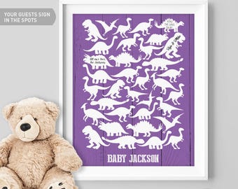 Purple Baby Shower Guest Book Alternative / Purple Dino, T rex, Raptor Guest Book / Dinosaur Baby Shower ▷ Canvas, Paper {or} Printable