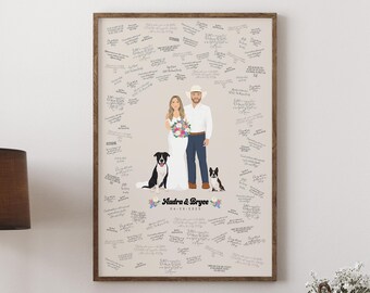 Wedding Guest Book Alternative Canvas, Custom Country Couple Drawing of Newlyweds with Dogs, Personalized Farmhouse Portrait Gift Art